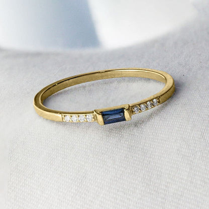 14K Gold Genuine Diamond and Baguette Blue Sapphire Gemstone Ring Fine Jewelry
