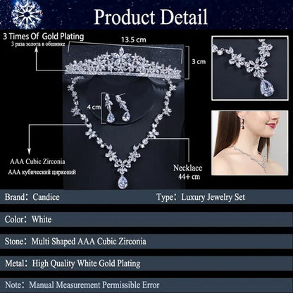 CANDICE Luxurious Classy White Gold Plating Bridal Crown Tiara Necklace Earrings