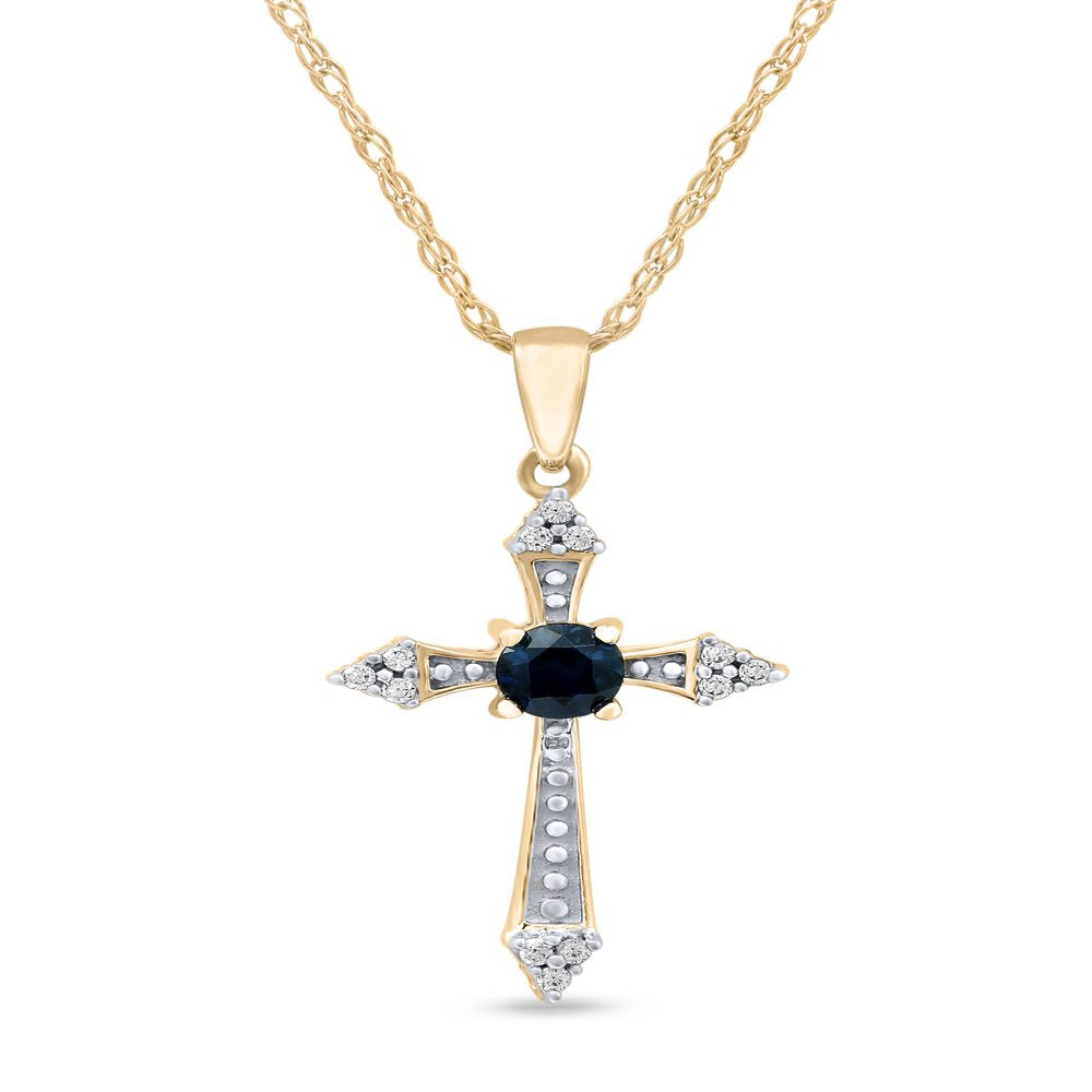 Imperial Gemstone 10K Yellow Gold round Cut Blue Sapphire Diamond Accent Cross N