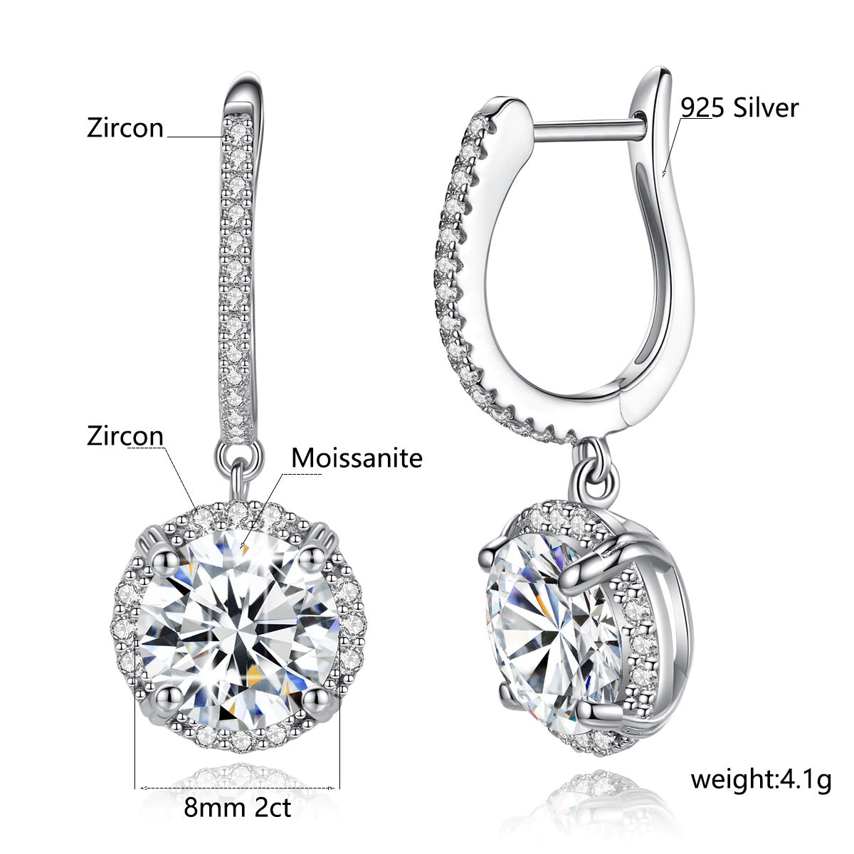 Certified 4 Carats 8Mm Moissanite Diamond Earrings for Women 100% 925 Sterling
