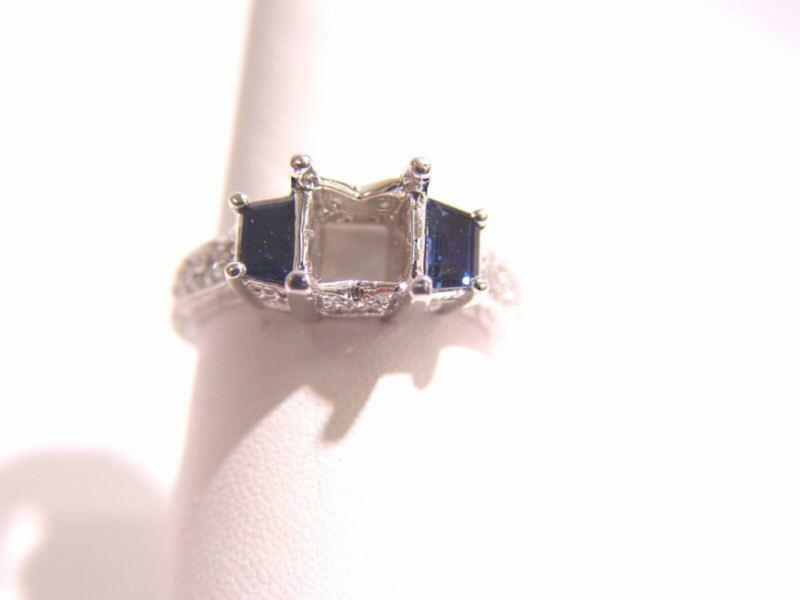 ANTIQUE STYLE SETTING 2 BLUE SAPPHIRE TRAPEZOID CUT .88 CT ROUND DIAMOND SETTING