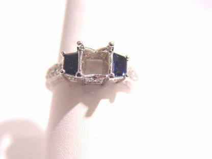 ANTIQUE STYLE SETTING 2 BLUE SAPPHIRE TRAPEZOID CUT .88 CT ROUND DIAMOND SETTING
