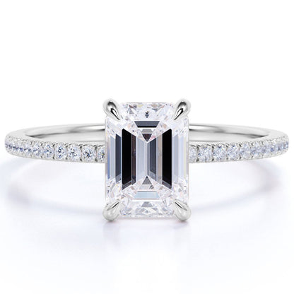 1.25 Carat Emerald Cut Moissanite and Diamond Pave Engagement Ring in 10K White