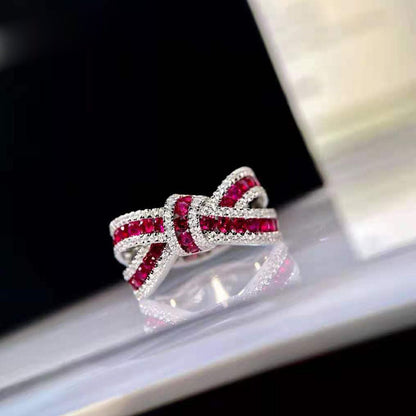 Ruby Three-Dimensional Bow Diamond Ring Atmosphere Light Luxury Fashion Personal
