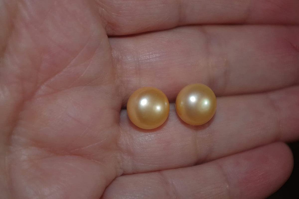 Quality Golden Champagne Pearl Semi round Dome Button 10 MM Stud Earrings 14K Go