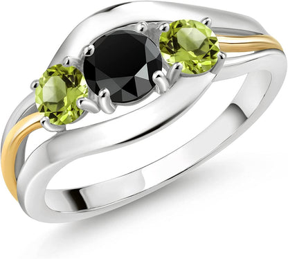 1.08 Ct round Black Onyx Green Peridot 925 Silver and 10K Yellow Gold Ring