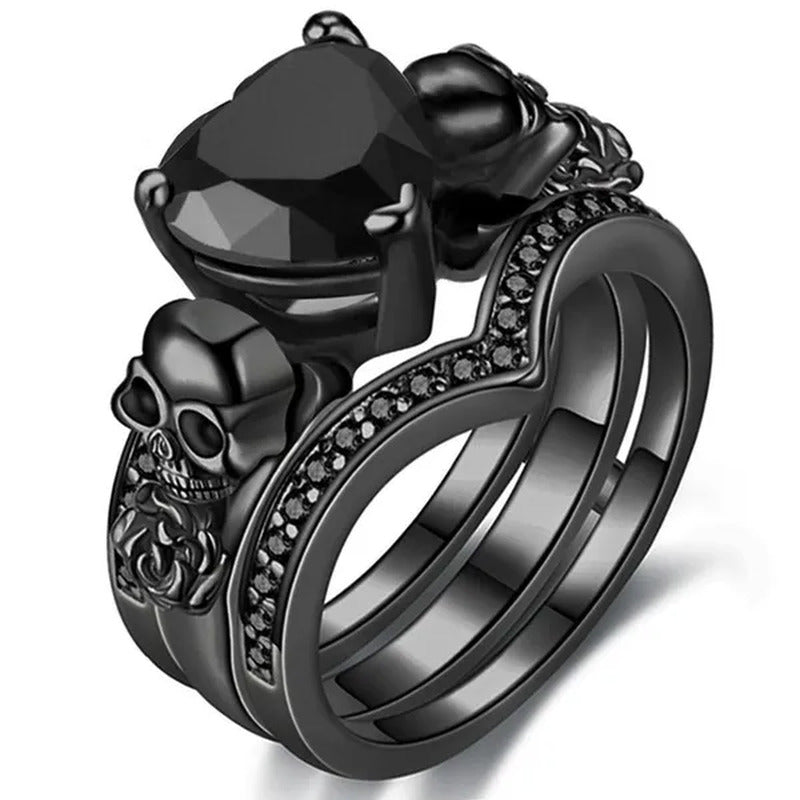 Gothic Skull Finger Black Female Wedding Rings Set for Women Girl Red Heart Crys