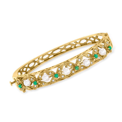 C. 1970 Vintage 4Mm Cultured Pearl and 3Mm Aventurine Flower Bangle Bracelet wit