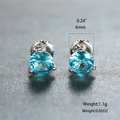 8MM 925 Silver/14K Gold/Rose Gold round Cut Light Aqua Blue Aquamarine Stud Earr
