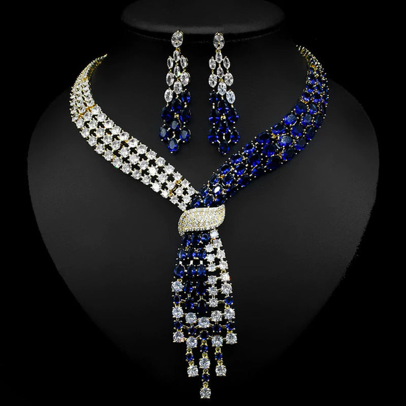 Fashion CZ Big Water Drop Green Color Women Bridal 2PCS Necklace