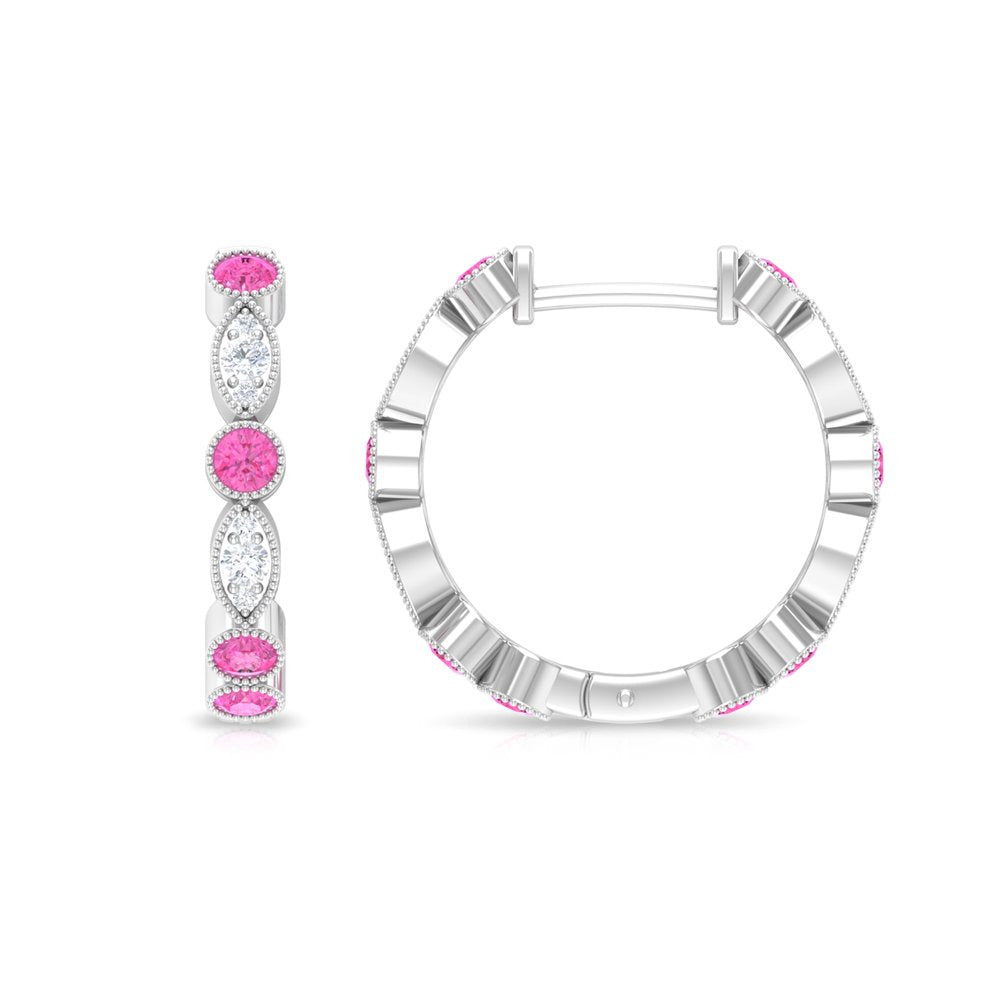 1 CT Pink Sapphire and Diamond Hoop Earrings, Pink Sapphire Vintage Earrings, Ho