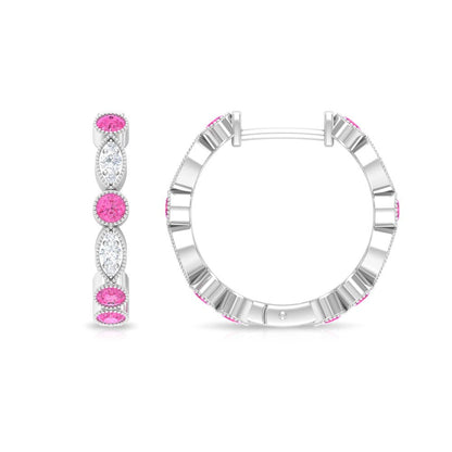1 CT Pink Sapphire and Diamond Hoop Earrings, Pink Sapphire Vintage Earrings, Ho