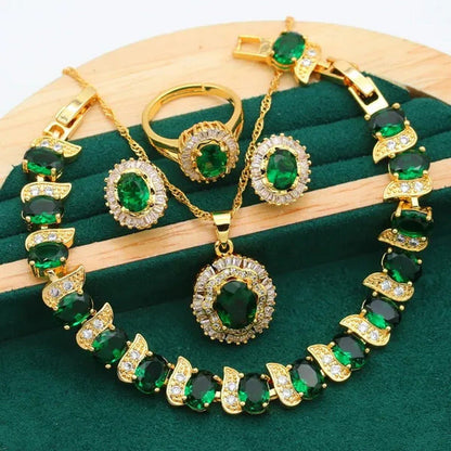 New Arrivals Gold Color Jewelry Sets for Women Wedding Green Zircon Bracelet Ear
