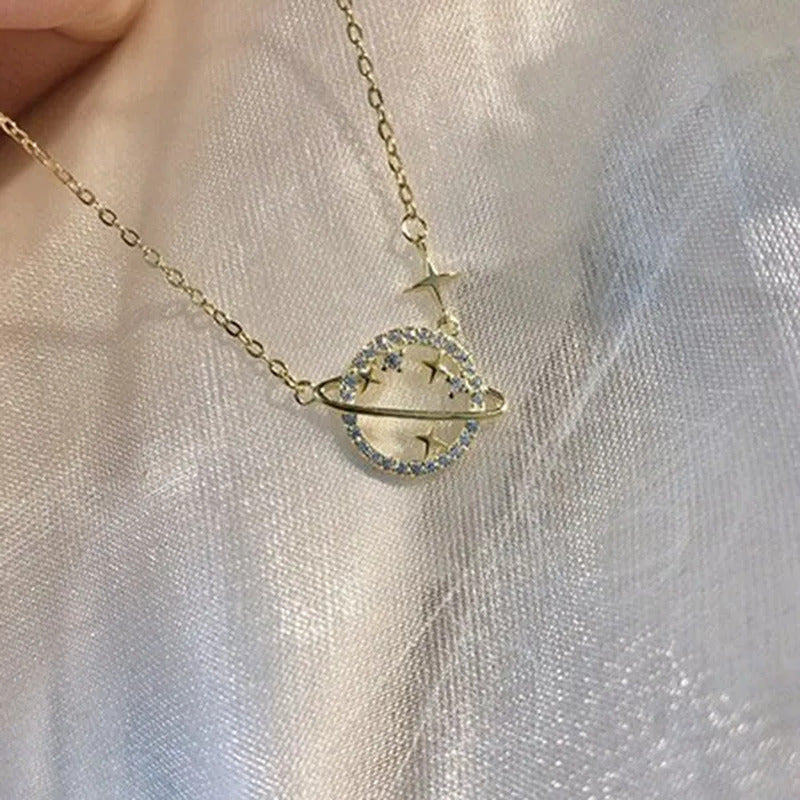 Women Fashion Diamond Hollow Planet Zircon Necklace Clavicle Chain