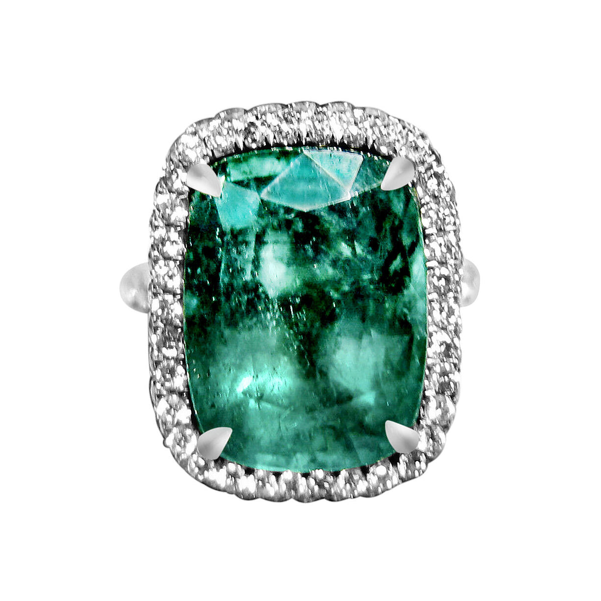 EMERALD CUSHION SHAPE 9.10 CT DIAMOND ROUND BRILLIANT SHAPE RING PLATINUM