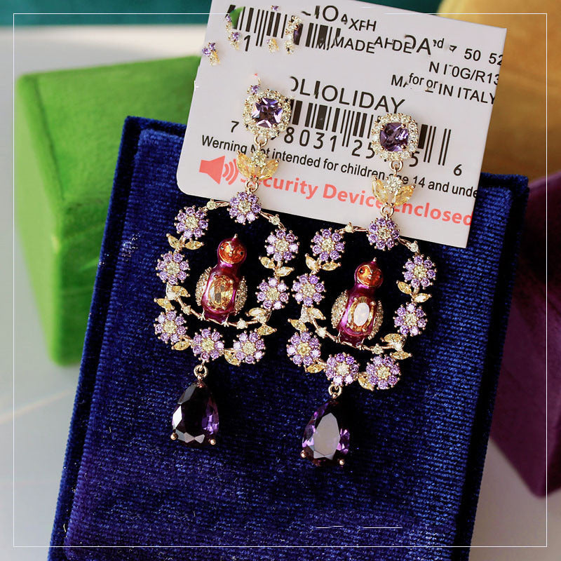 Flower Bird Imported Purple Stones with Diamonds Long Earrings
