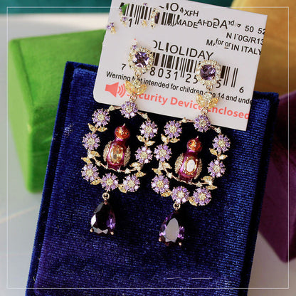 Flower Bird Imported Purple Stones with Diamonds Long Earrings