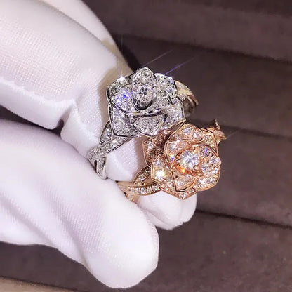 925 Silver Ring Plated Rose Gold Ring Rose Woman Wedding Ring Statement Crown Ri