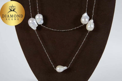 Baroque Pearl Black Diamond Gold 50 Inch Long Chain Necklace