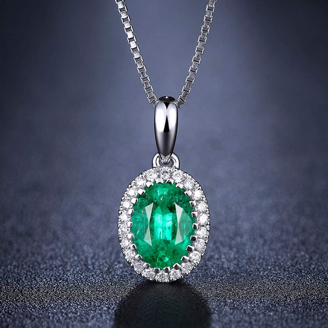 14K Solid White Gold 0.46Ct Natural Green Emerald Necklace, Small Halo May Birth