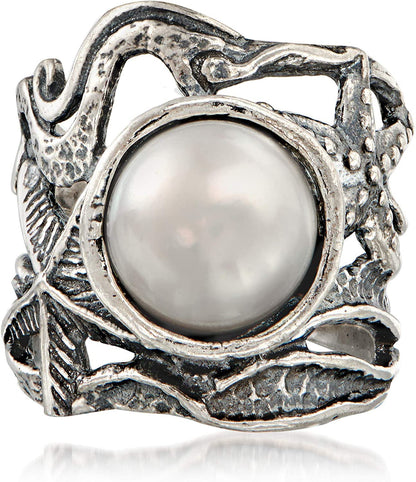 11Mm Cultured Pearl Openwork Sea Life Ring in Sterling Silver