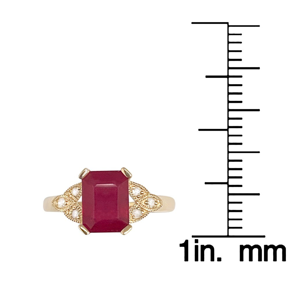 10K Yellow Gold Vintage Style Genuine Emerald-Cut Ruby and Diamond Ring