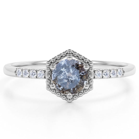 Hexagon .65 Carat round Cut Natural Salt and Pepper Diamond Pave Accent Minimali