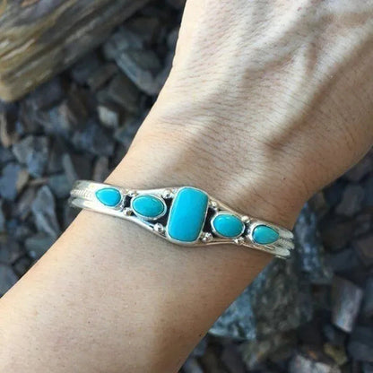 Women Vintage Jewelry Soild Sterling Natural Gemstone Turquoise Bracelet Adjusta