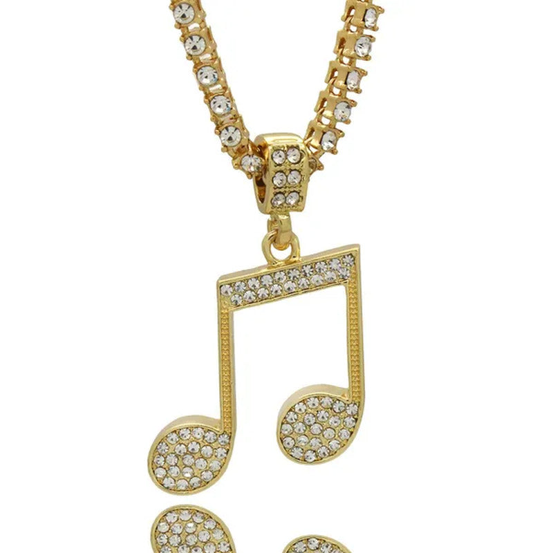 ALL NEW Lady'S 14K Gold Music Note Iced Out Icon Pendant 4Mm 24" Hip Hop Chain