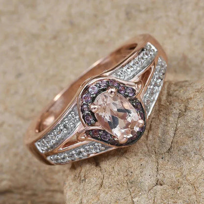 Promise Ring 925 Sterling Silver Vermeil Rose Gold AA Premium Morganite Zircon W