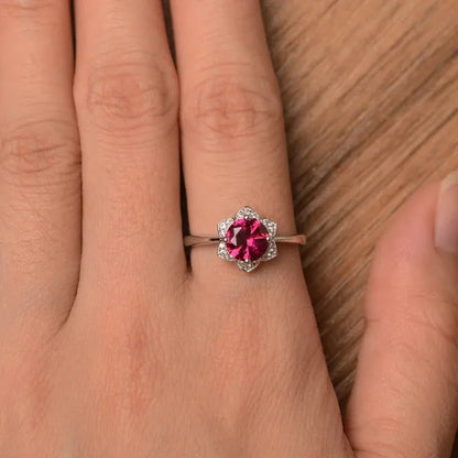 Ruby Ring Sterling Silver Wedding Engagement Ring round Cut Red Gemstone Ring Ju