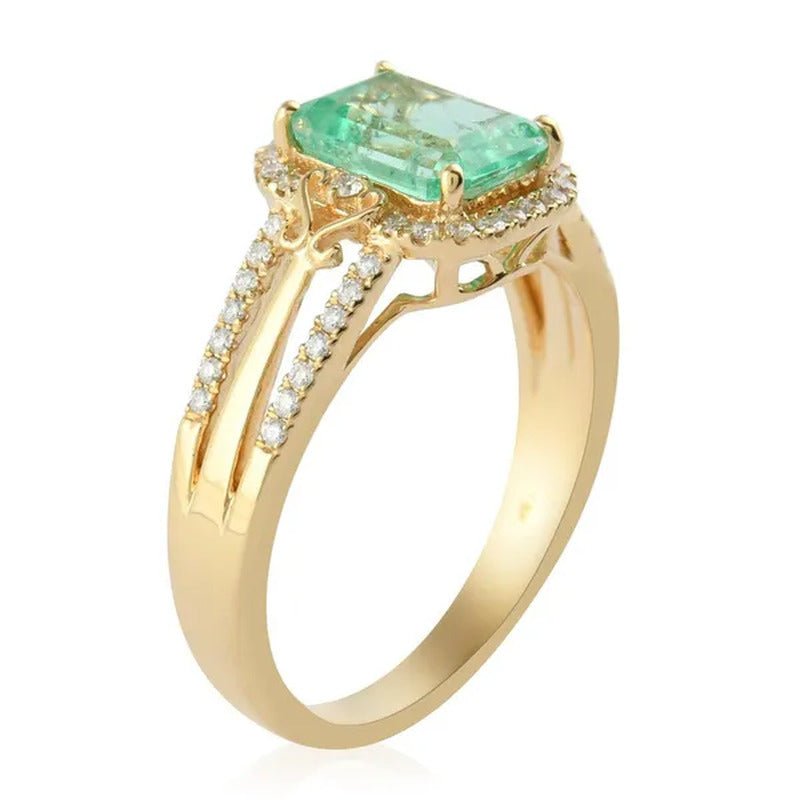 ILIANA 18K Yellow Gold Octagon AAA Emerald White Diamond Halo Engagement Ring Wo