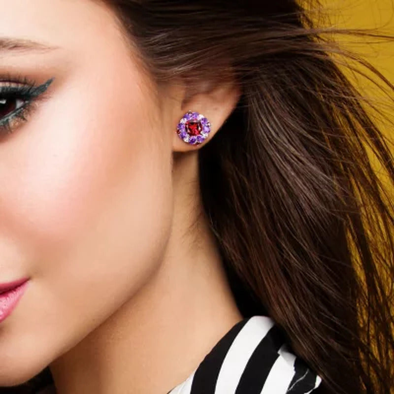 Garnet and African-Amethyst Floral Cluster Earrings in Sterling Silver