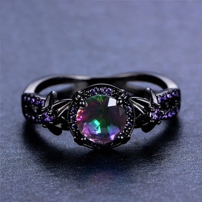 Bamas Mystic Rainbow Fire Topaz Flower Ring Purple Amethyst Black Gold Color Jew