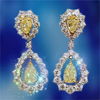 CERTIFIED FANCY YELLOW DIAMOND DANGLE NATURAL PEAR SHAPE DIAMOND EARRING DNAGLE