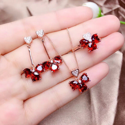 Imitated Natural Pigeon Blood Ruby Heart Pendant Ring Earring Set