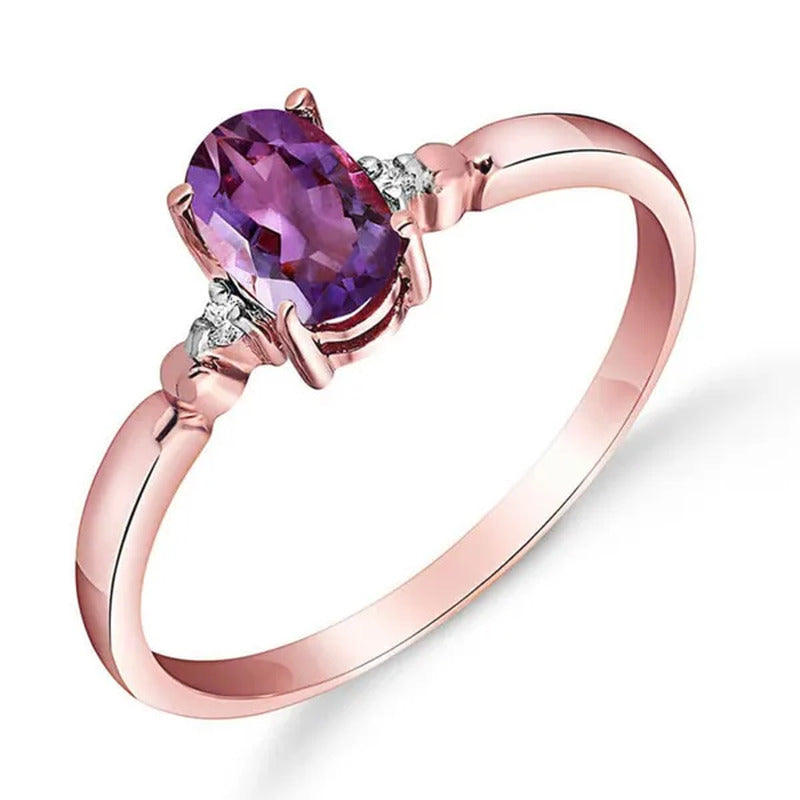 14K Solid Rose Gold Ring with with Natural Diamonds and Oval-Shaped Amethyst