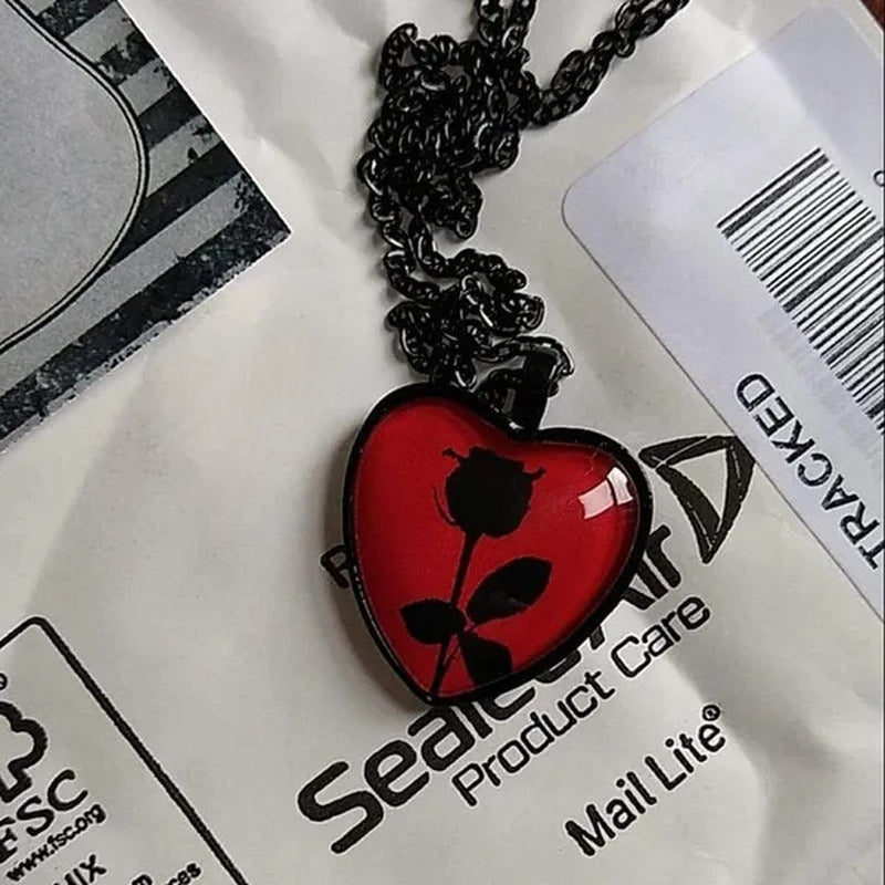 Black Rose Necklace, Red Heart Pendant, Glass Cameo Necklace, Gothic Victorian,