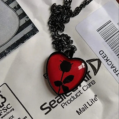 Black Rose Necklace, Red Heart Pendant, Glass Cameo Necklace, Gothic Victorian,