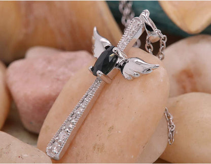6X4 MM Oval Gemstone & round Diamond Angel Cross Pendant (Silver Chain Included)