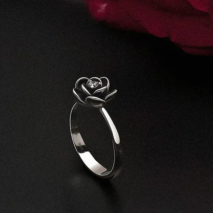 Simple Ladies Antique Silver Black Rose Flower Floral Ring for Women Female Wedd