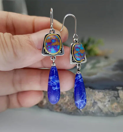 New Boho Style Natural Lapis Lazuli Gemstone Hook Earrings Women Wedding Engagem