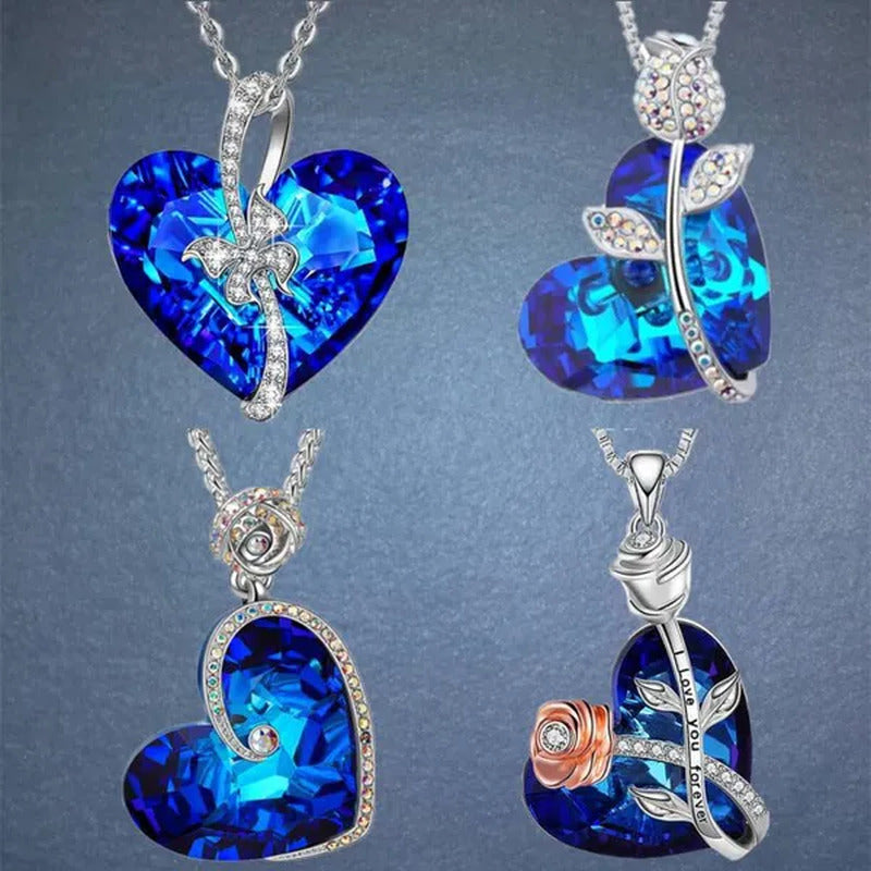 Fashion Heart Blue Crystal Necklace Double Layer Rose Zircon Pendant Engagement
