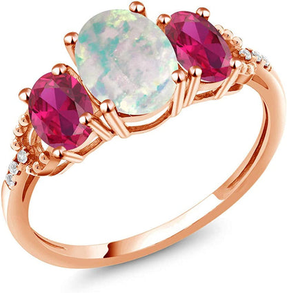 10K Rose Gold Cabochon Simulated Opal Created Ruby and Diamond Accent Women Ring