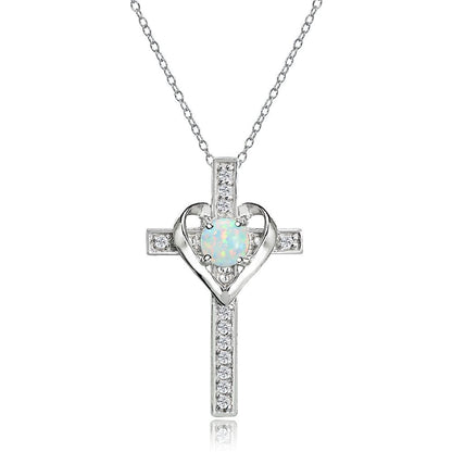 Sterling Silver Simulated White Opal and White Topaz Heart Cross Birthstone Pend