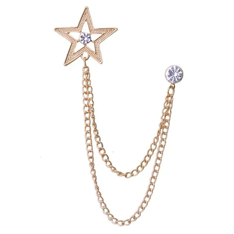 New Crystal Pentagram Brooch Pin Fashion Tassel Chains Suit Shirt Badge Collar L