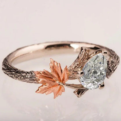 Vintage Maple Leaves Ring Women'S Fashion Rose Gold Twig Leaf Moonstone Ring Set