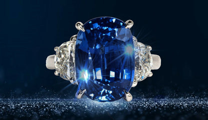 AGTA CERTIFIED 100% NATURAL CUSHION SHAPE SAPPHIRE SET TWO HALFMOON DIAMOND RING