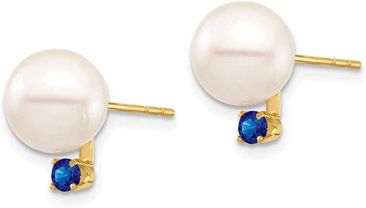 14K Yellow Gold White round Freshwater Cultured Pearl Sapphire Post Earrings (8-