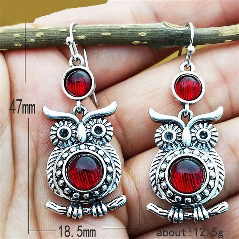 Retro Tibetan Silver Natural Ruby Sapphire Inlay Owl Ear Hook Dangle Earrings Gi